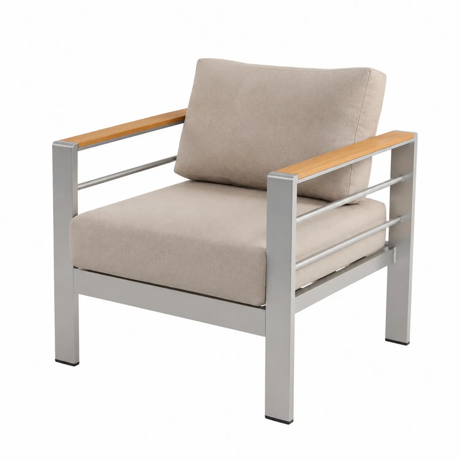 Stuhl aus Aluminium mit Teakholzarmlehnen und Polyesterpolster Beige