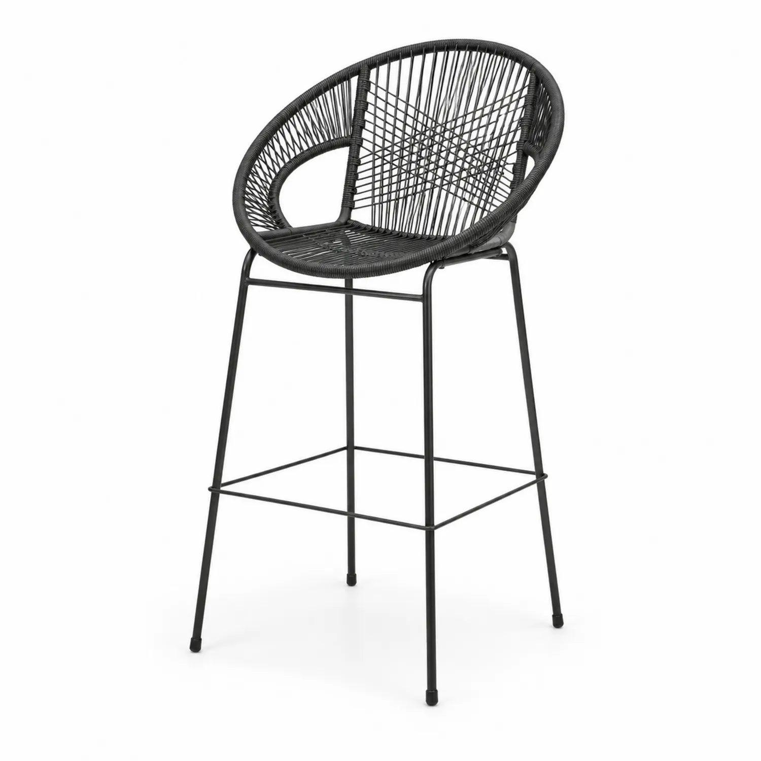 Schwarzer Barstuhl aus PE-Rattan mit Metallgestell