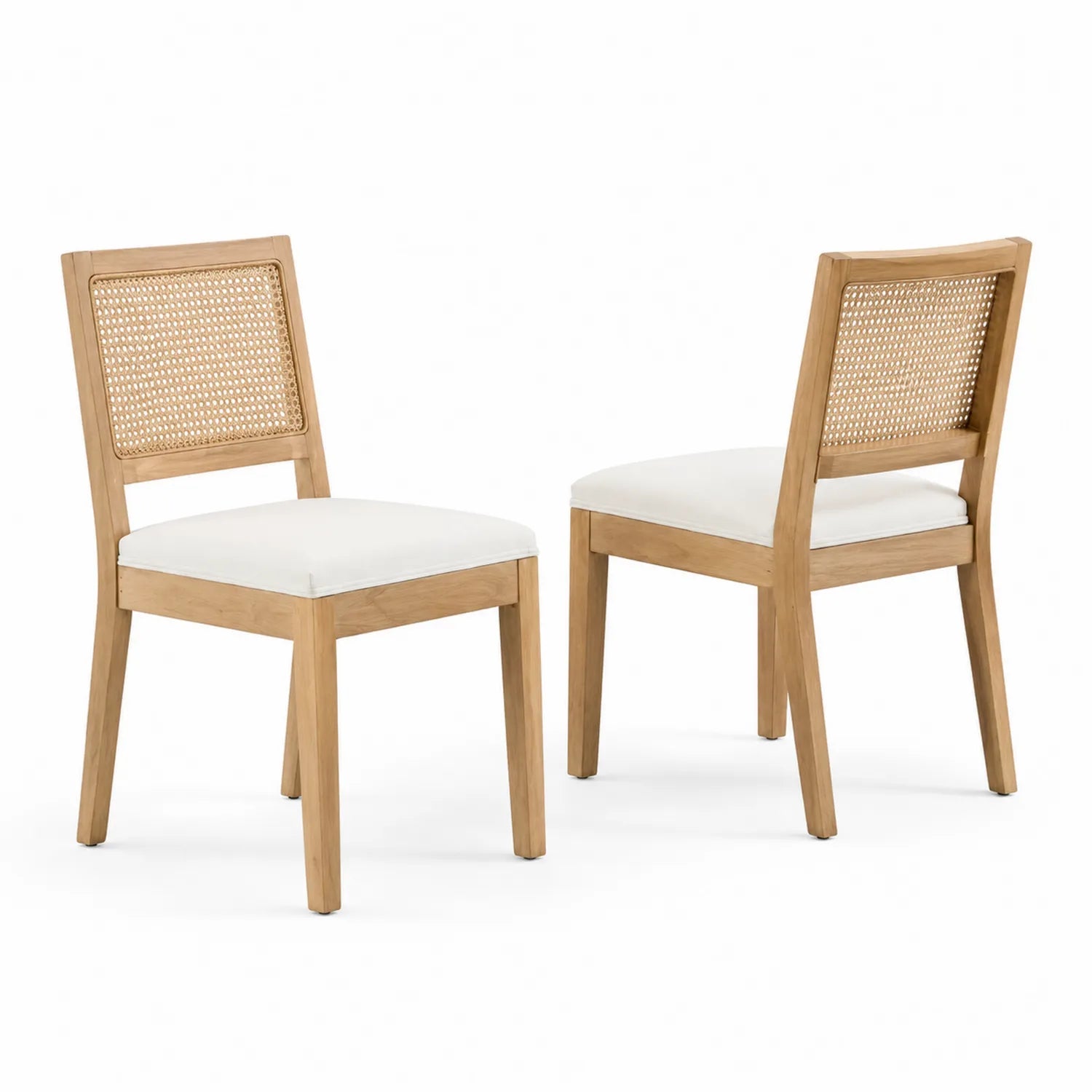 Holzstühle Set aus Massivholz mit Rattanlehne und Beigem Sitzpolster