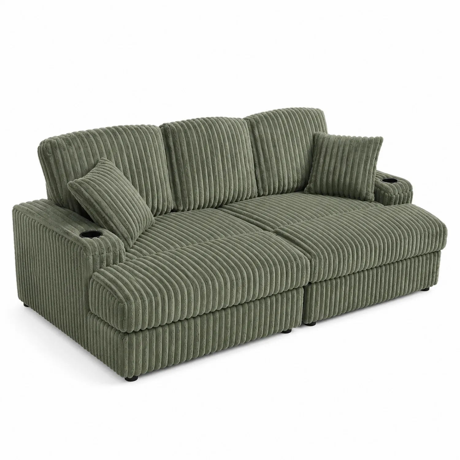 3-Sitzer Sofa aus Cord mit Kissen und Becherhalter - Grün, 220cm