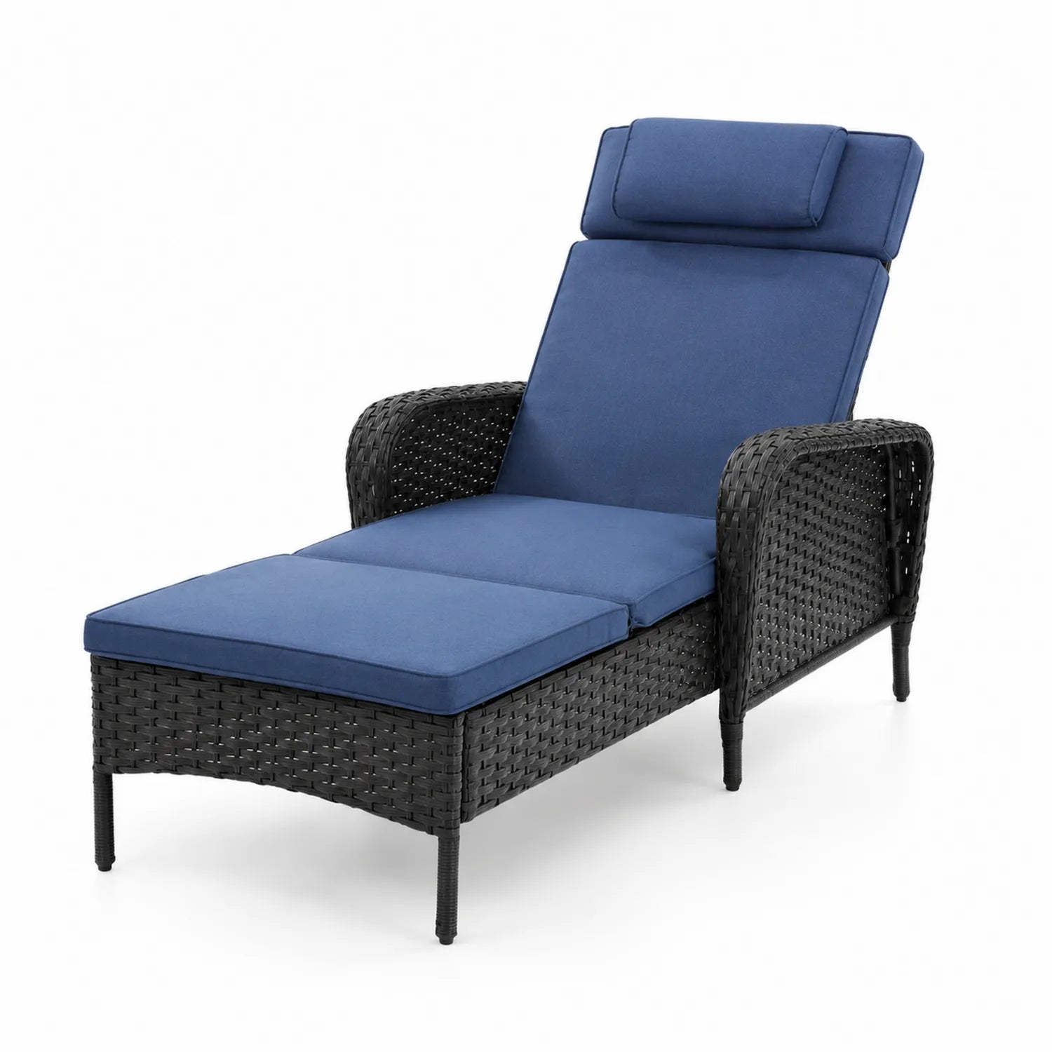 Gartenliege Blau mit Rattan und Verstellbarer Rückenlehne