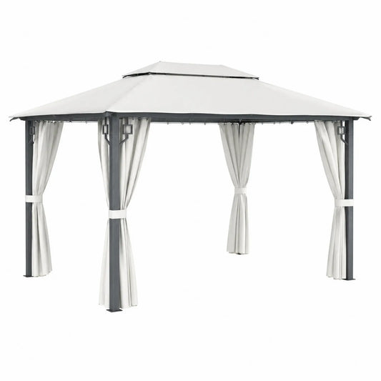 Gartenpavillon mit Vorhängen Metall und Polyester Weiß